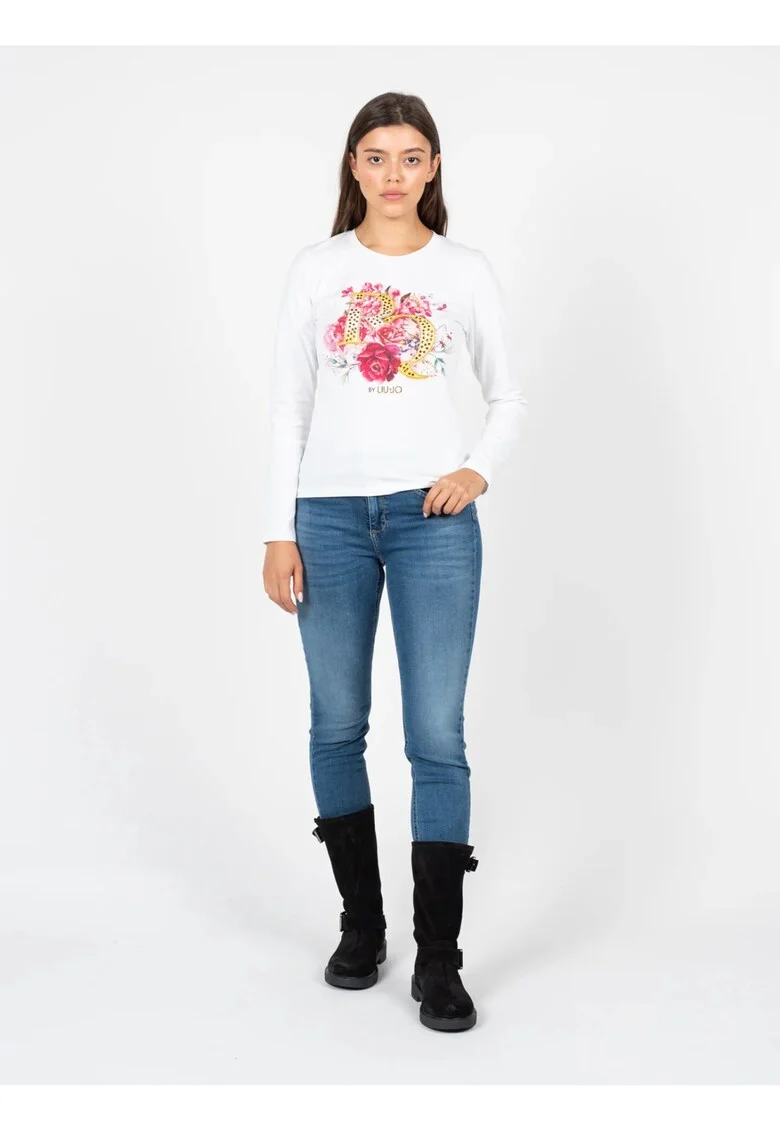 Bluza cu decolteu la baza gatului si imprimeu, Alb,
