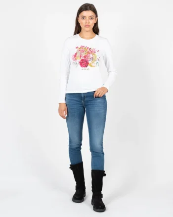 Bluza cu decolteu la baza gatului si imprimeu, Alb,