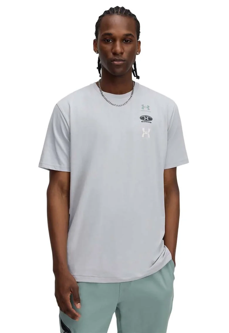 Tricou din amestec de bumbac cu decolteu la baza gatului si logo, Gri cenusiu