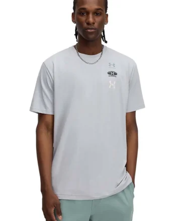 Tricou din amestec de bumbac cu decolteu la baza gatului si logo, Gri cenusiu