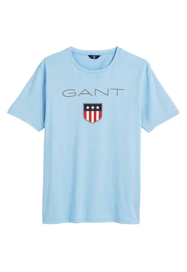 Tricou cu decolteu rotund si imprimeu logo, Albastru prafuit
