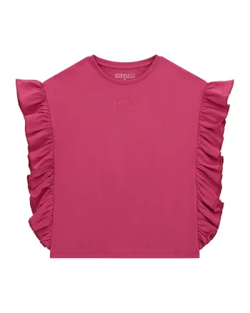 Tricou din bumbac cu volane, Roz zmeuriu