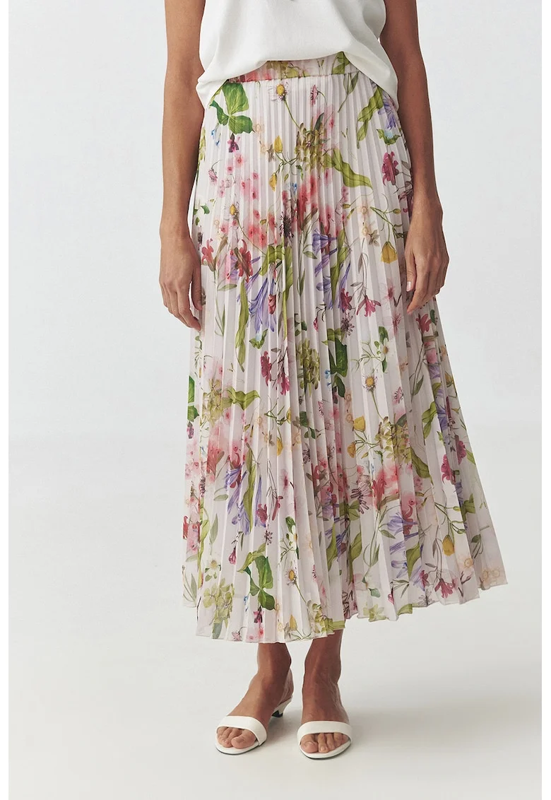 Fusta cu pliuri si model floral, Alb fildes/Verde masliniu