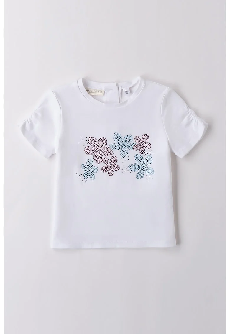 Tricou cu aplicatii din strasuri si decolteu la baza gatului, Alb/Roz/Albastru