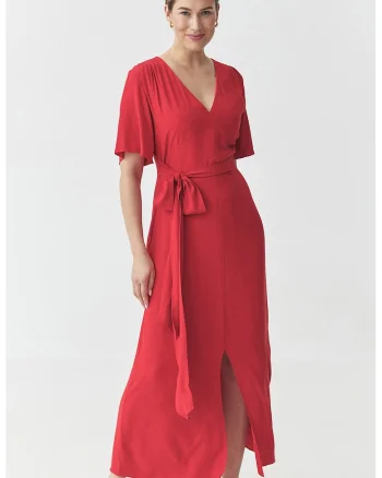 Rochie maxi cu slit frontal si cordon in talie, Rosu vermillion