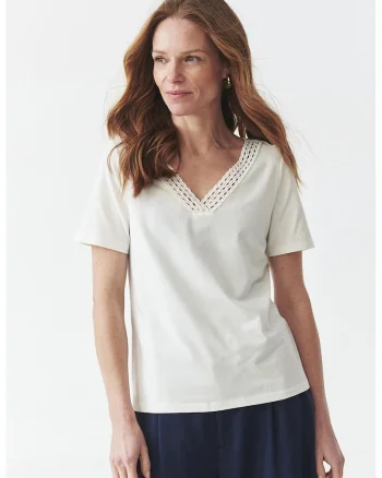 Tricou din amestec de modal cu decolteu in V, Alb murdar