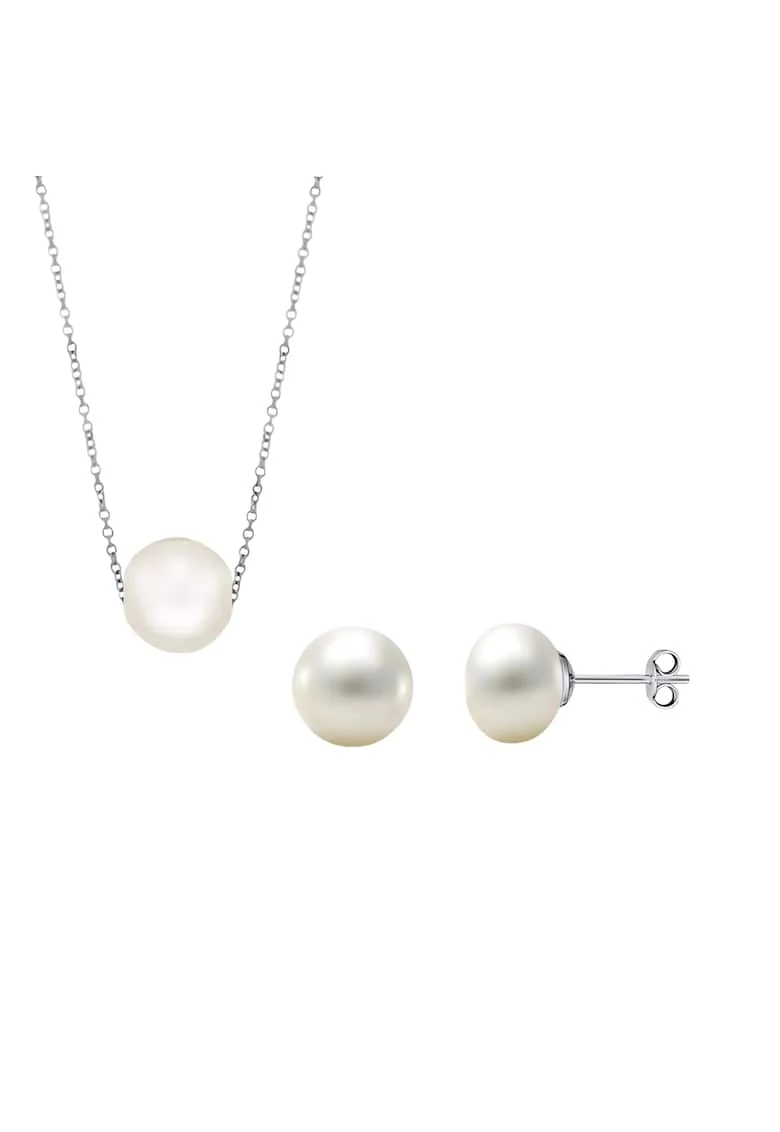 Set argint 925 cu perle naturale 6 mm + lant si pandantiv 8 mm, Alb