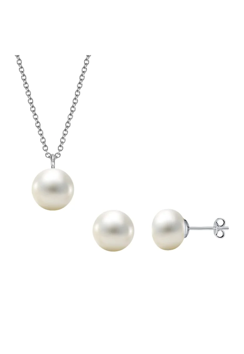 Set argint 925 cu perle naturale 6 mm + lant si pandantiv 8 mm, Bej deschis