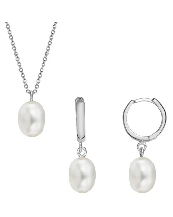 Set argint 925 cu perle naturale 8 mm leverback + lant, Alb