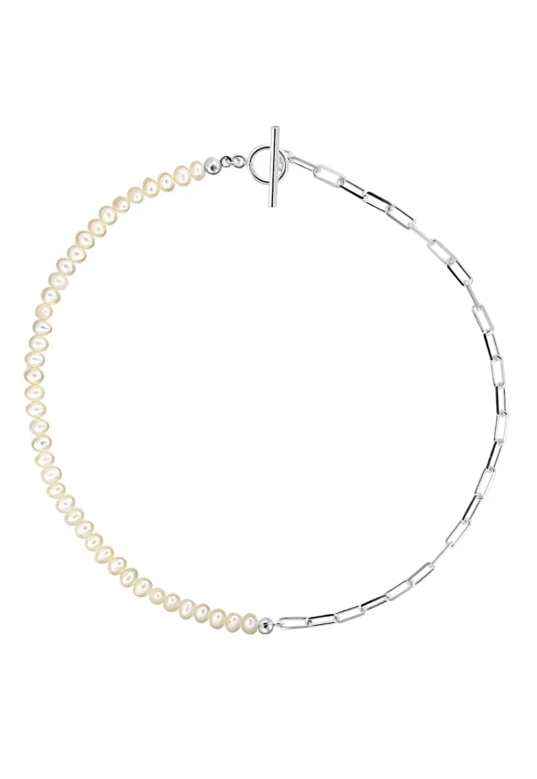 Colier ag.925 cu perle de cultura albe rotunde 6mm, inchizatoare toggle S, Perle albe+lant