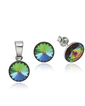 Set Argint 925 placat cu rodiu cu cristale Swarovski® Rivoli 8mm, Verde/Galben/Albastru