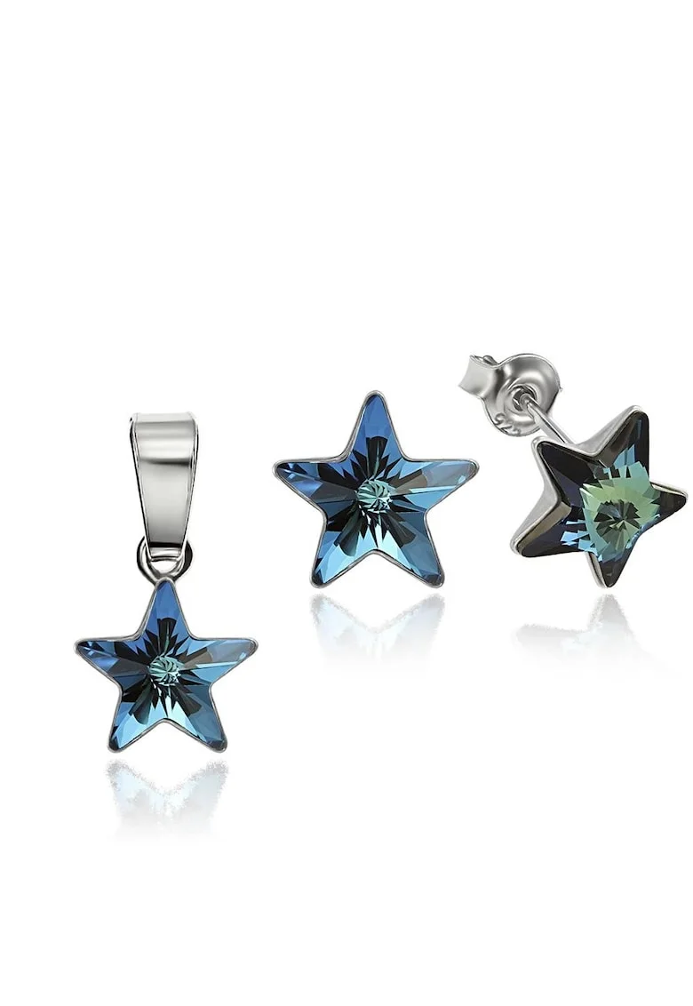 Set Argint 925 placat cu rodiu cu cristale Swarovski® Star, 10mm, Surub, Albastru inchis