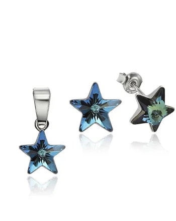 Set Argint 925 placat cu rodiu cu cristale Swarovski® Star, 10mm, Surub, Albastru inchis