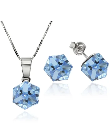 Set Argint 925 placat cu rodiu cu cristale Swarovski® Cubic 6mm, Surub + Lant, Albastru deschis