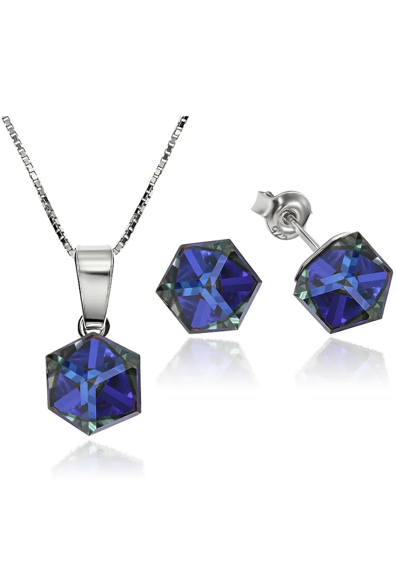 Set Argint 925 placat cu rodiu cu cristale Swarovski® Cubic 6mm, Surub + Lant, Albastru inchis