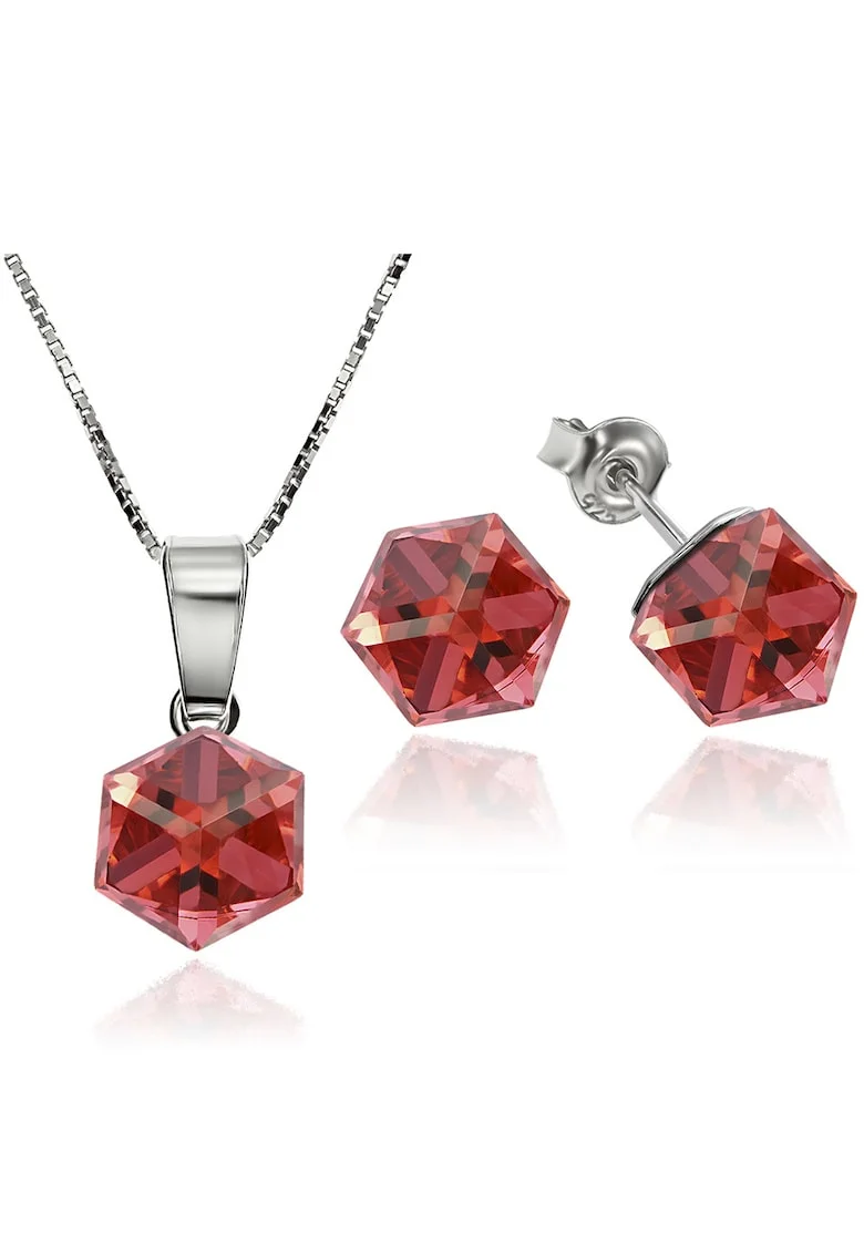 Set Argint 925 placat cu rodiu cu cristale Swarovski® Cubic 6mm, Surub + Lant, Rosu/Portocaliu