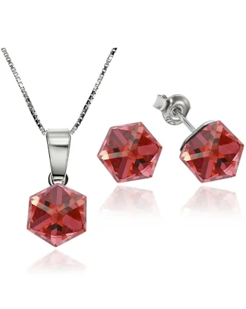 Set Argint 925 placat cu rodiu cu cristale Swarovski® Cubic 6mm, Surub + Lant, Rosu/Portocaliu