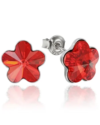Cercei Argint 925 placat cu rodiu cu cristale Swarovski® Flower, 10mm, Surub, Rosu