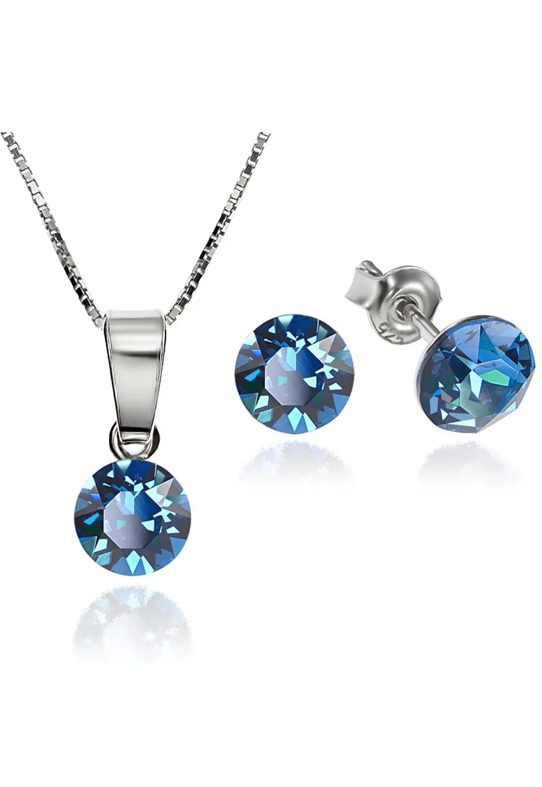 Set Argint 925 placat cu rodiu cu cristale Swarovski® Xirius Bermuda Blue 6mm Surub + Lant
