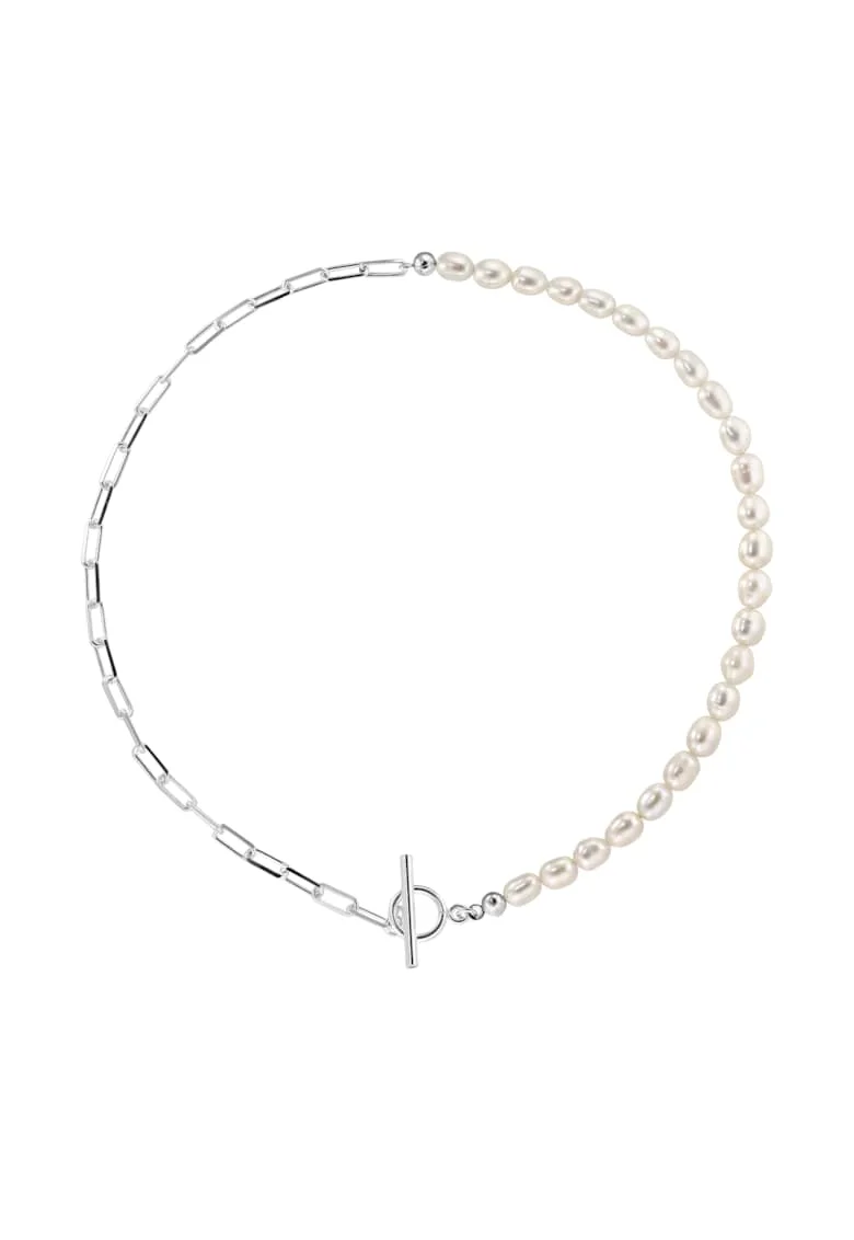 Colier ag.925 cu perle de cultura albe 6.5mm + lant paperclip, inchizatoare toggle S, Argintiu
