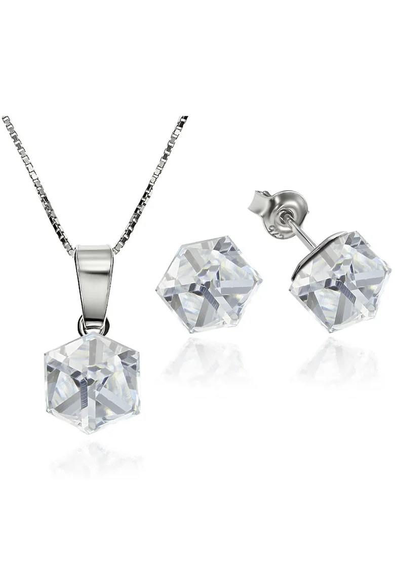 Set Argint 925 placat cu rodiu cu cristale Swarovski® Cubic 6mm, Surub + Lant, Alb