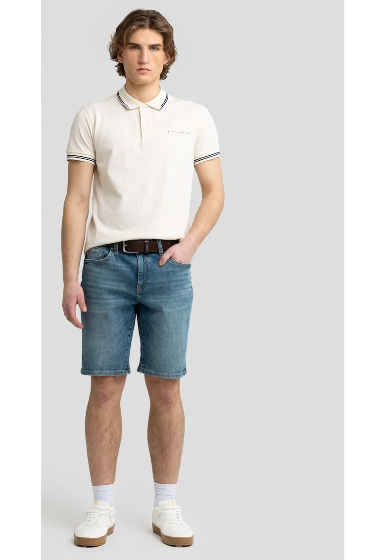 Pantaloni bermude  denim indigo, croiala normala, 5 buzunare, detalii stone wash