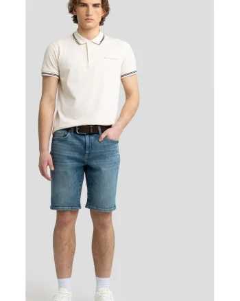 Pantaloni bermude  denim indigo, croiala normala, 5 buzunare, detalii stone wash