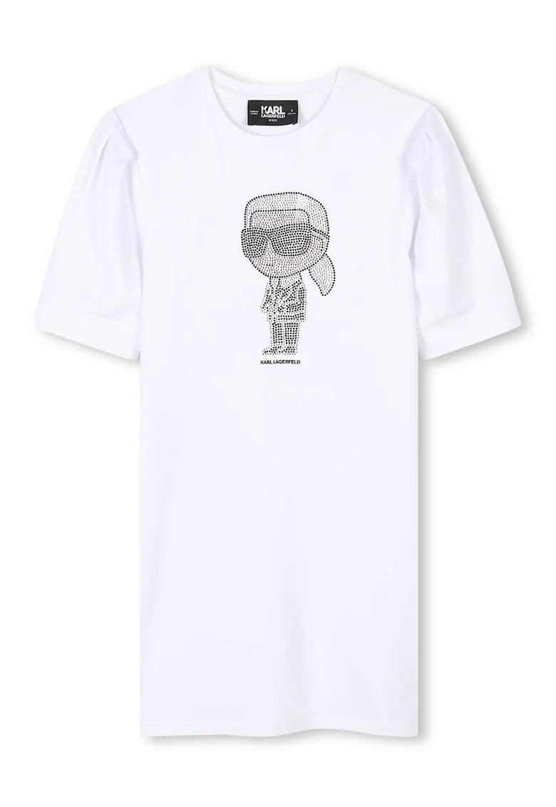 Rochie-tricou cu decolteu la baza gatului si aplicatii din strasuri, Alb optic