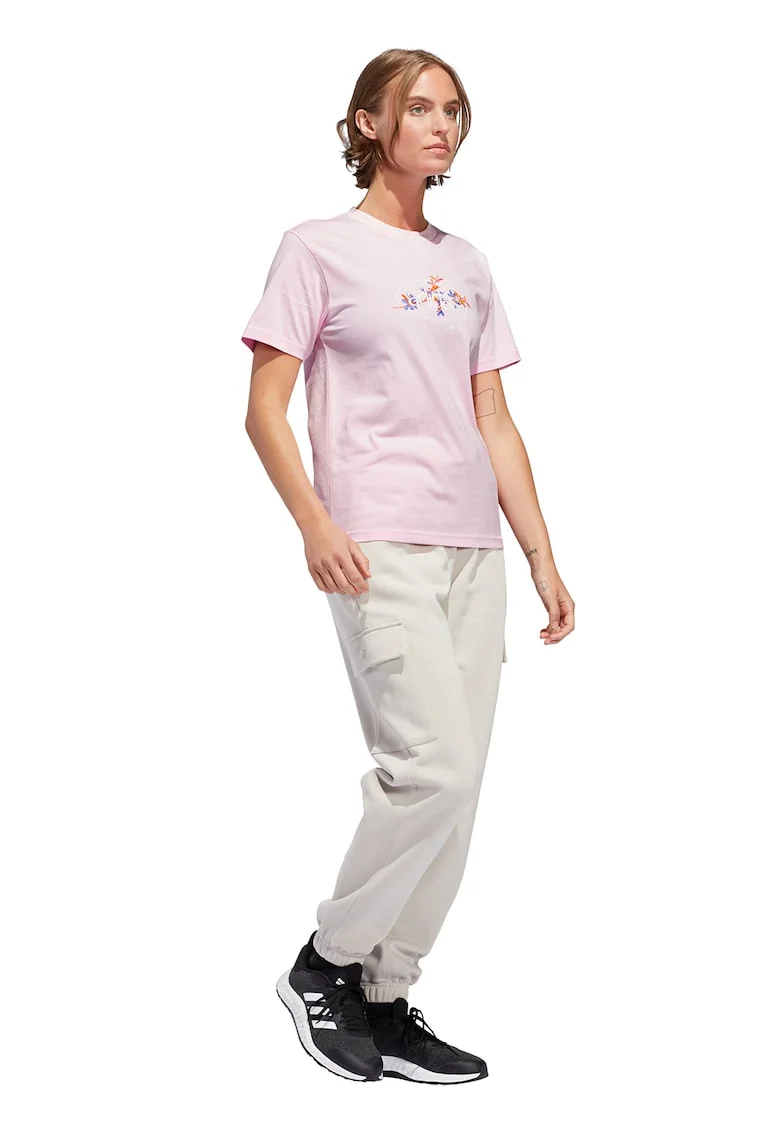Tricou cu imprimeu logo si decolteu la baza gatului, Portocaliu/Albastru inchis/Roz pastel