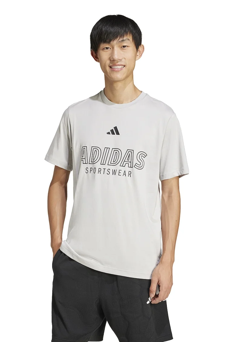 Tricou cu imprimeu logo si decolteu la baza gatului, Gri deschis
