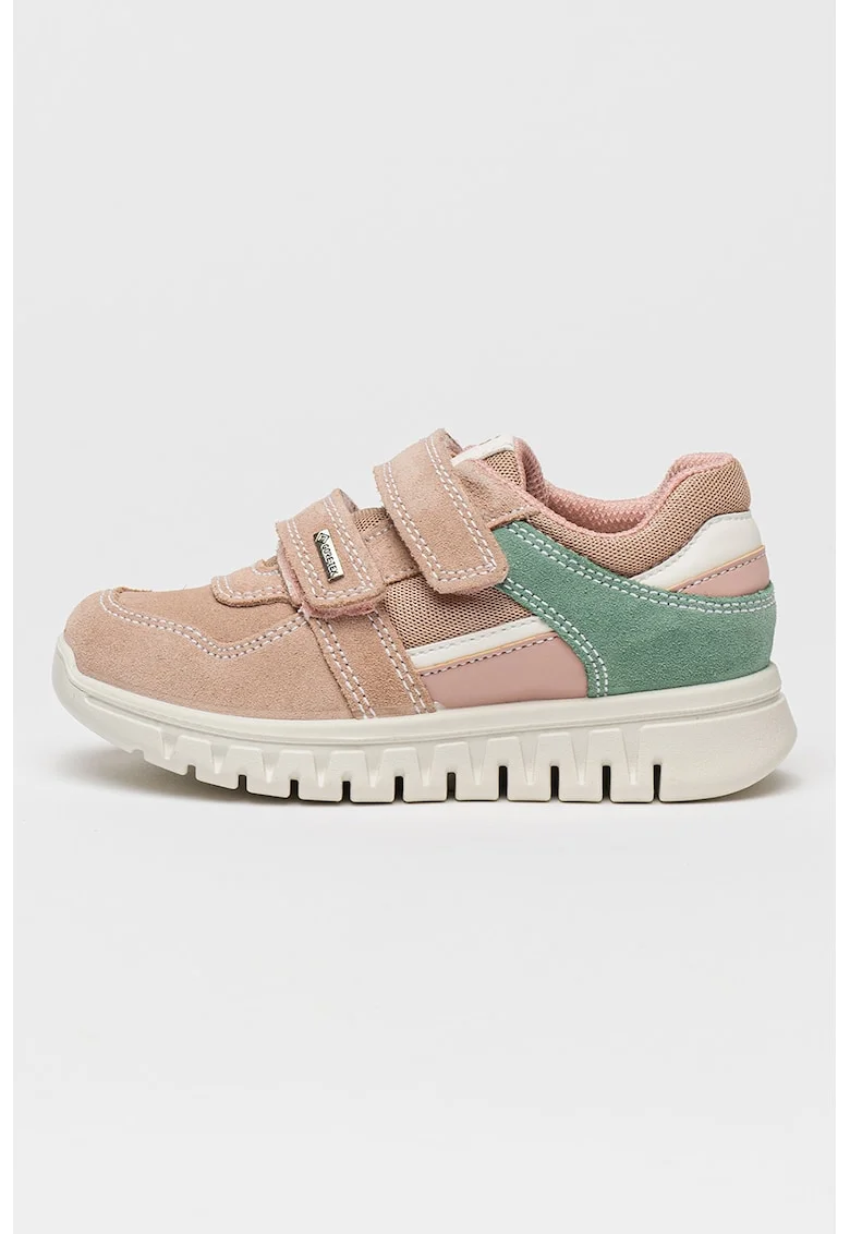 Pantofi sport cu inchidere velcro si garnituri din piele intoarsa, Roz prafuit