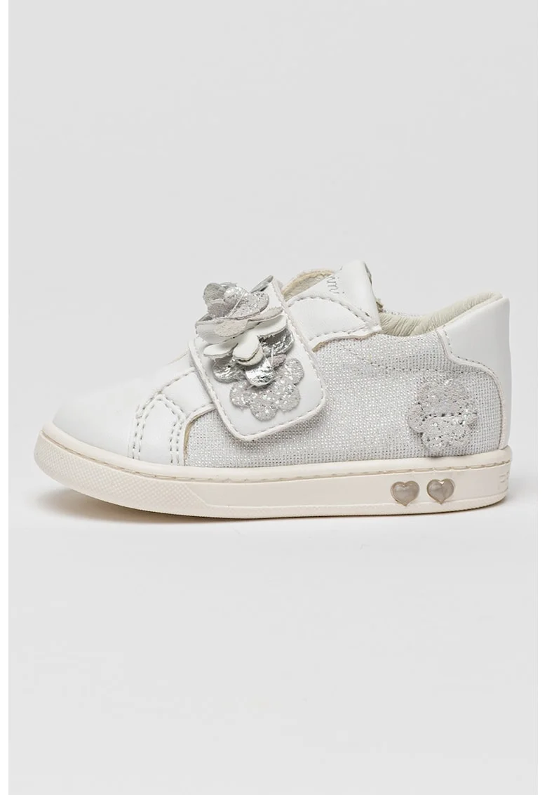 Pantofi sport cu inchidere velcro cu segmente stralucitoare si detalii florale, Alb/Argintiu