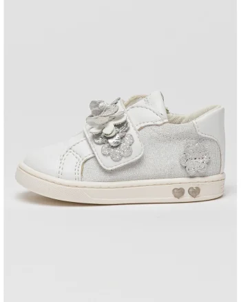 Pantofi sport cu inchidere velcro cu segmente stralucitoare si detalii florale, Alb/Argintiu