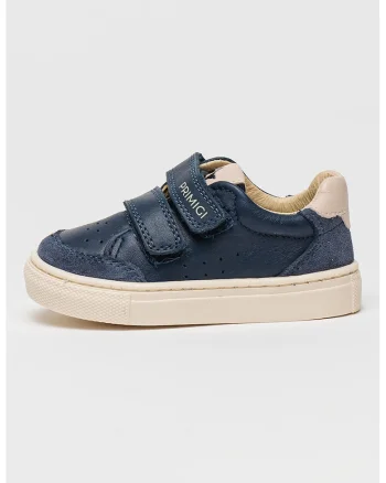 Pantofi sport din piele si piele intoarsa cu inchidere velcro, Albastru inchis