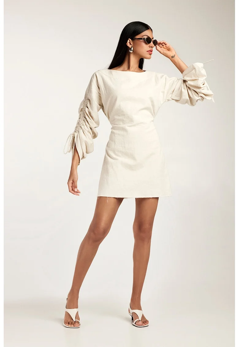 Rochie mini din bumbac cu maneci cu volane Sonya, Bej deschis