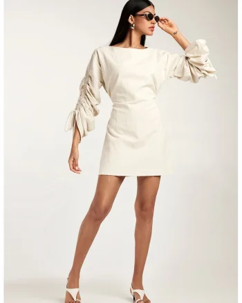 Rochie mini din bumbac cu maneci cu volane Sonya, Bej deschis
