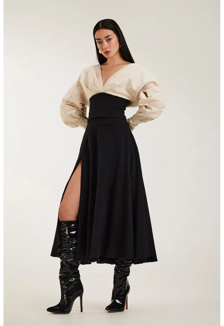 Rochie din bumbac cu decolteu in V si slit frontal Signora, Negru/Bej deschis