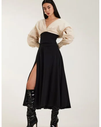 Rochie din bumbac cu decolteu in V si slit frontal Signora, Negru/Bej deschis