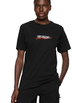 Tricou din bumbac cu decolteu la baza gatului si model text, Negru
