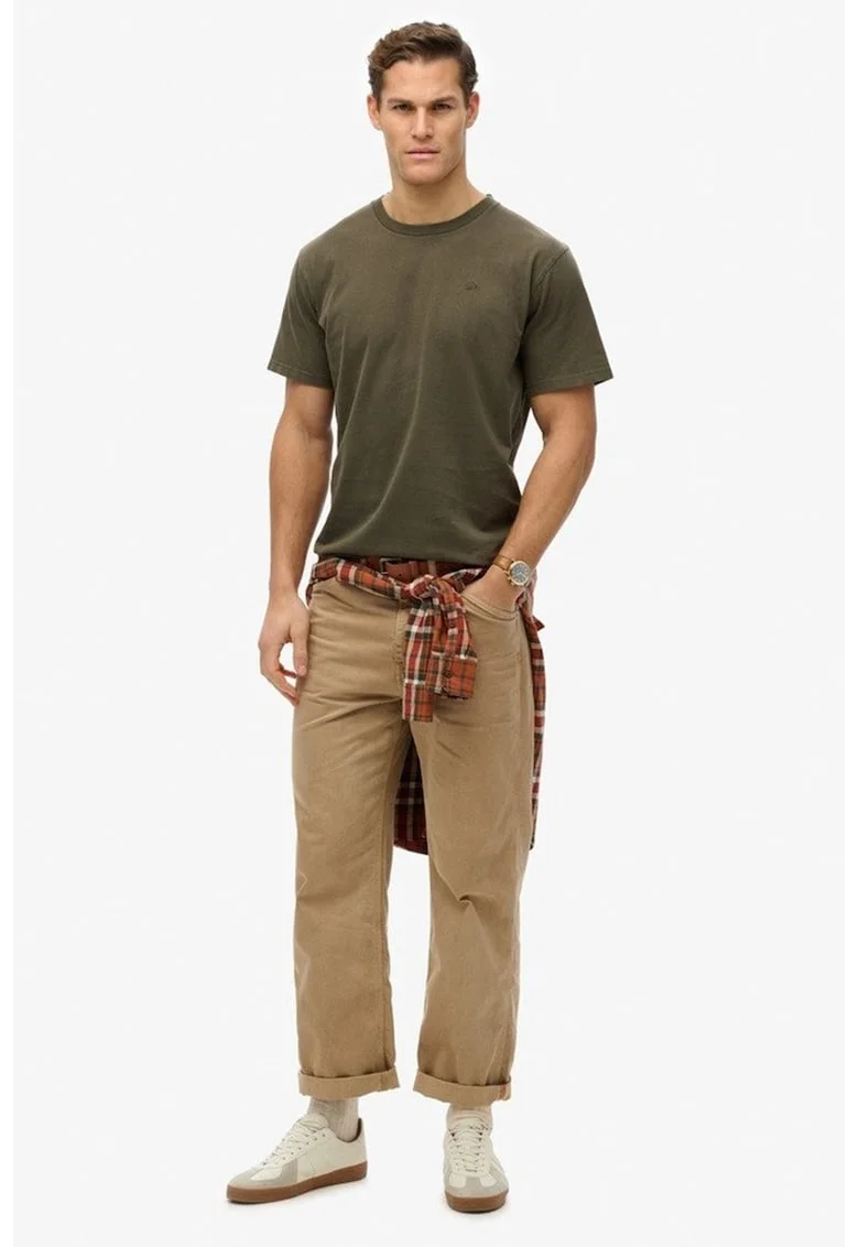 Tricou cu model uni si decolteu la baza gatului, Verde masliniu