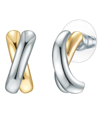 Cercei placati cu aur de 14K, cu model in doua nuante, Argintiu