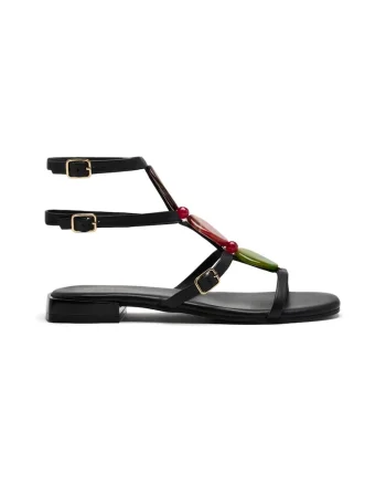 Sandale din piele cu margele multicolore, Negru
