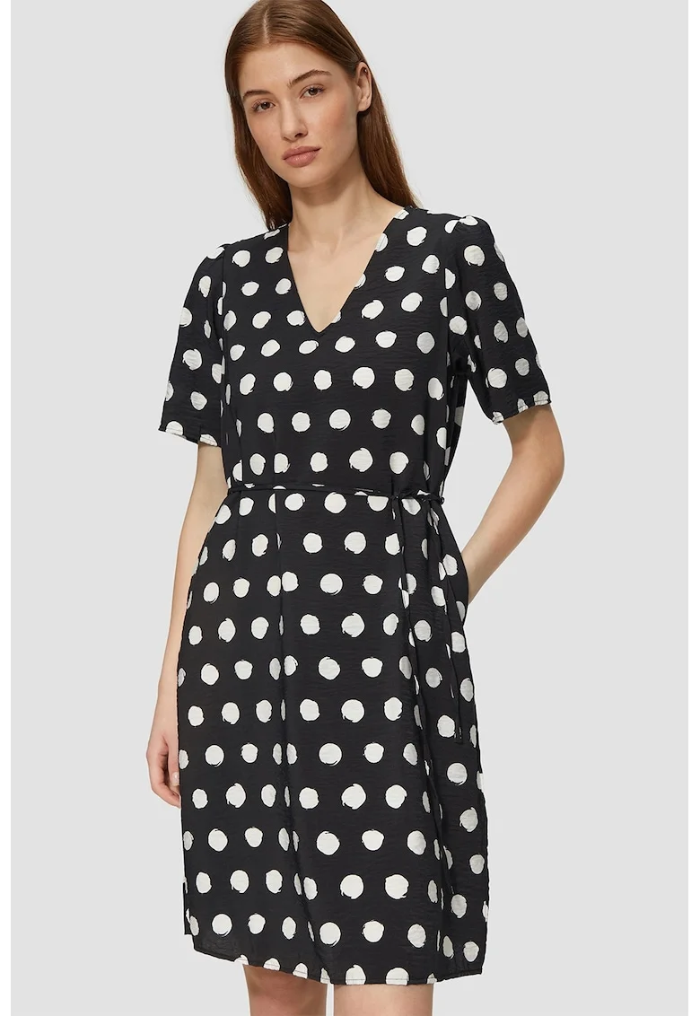 Rochie cu decolteu in V si cordon asortat, Alb fildes/Negru
