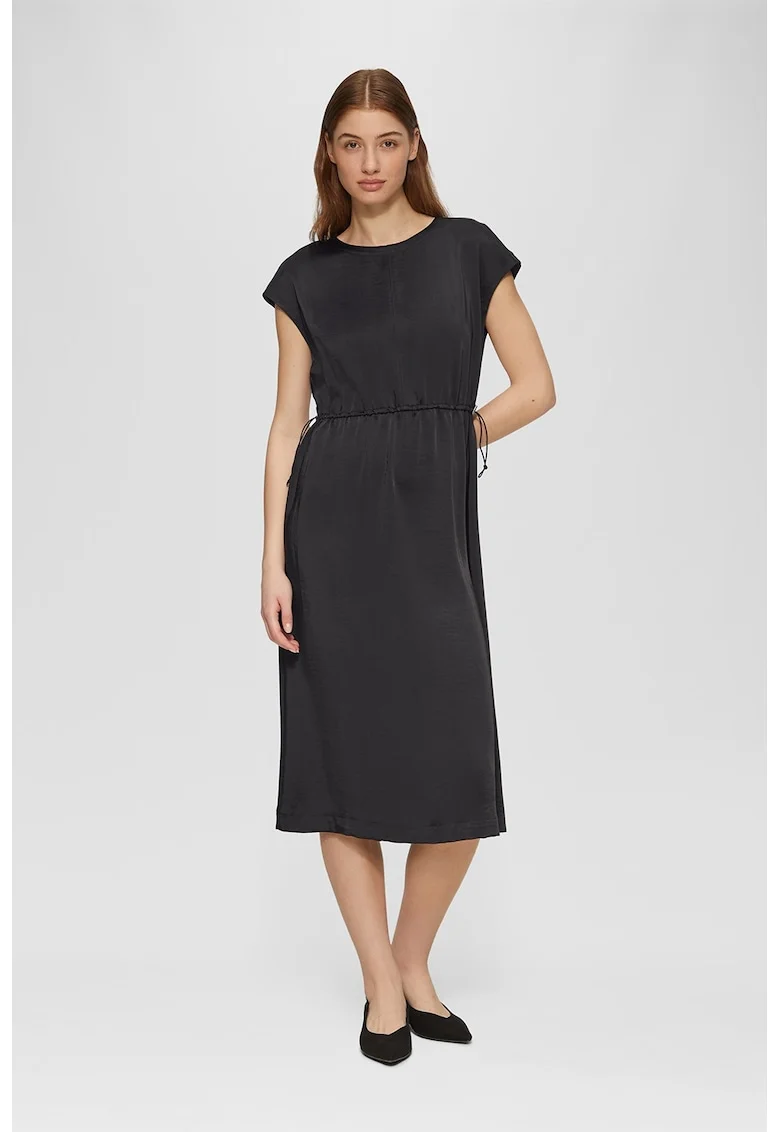 Rochie de satin cu snur in talie, Negru