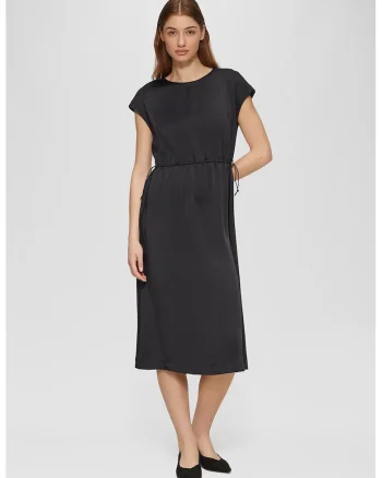 Rochie de satin cu snur in talie, Negru