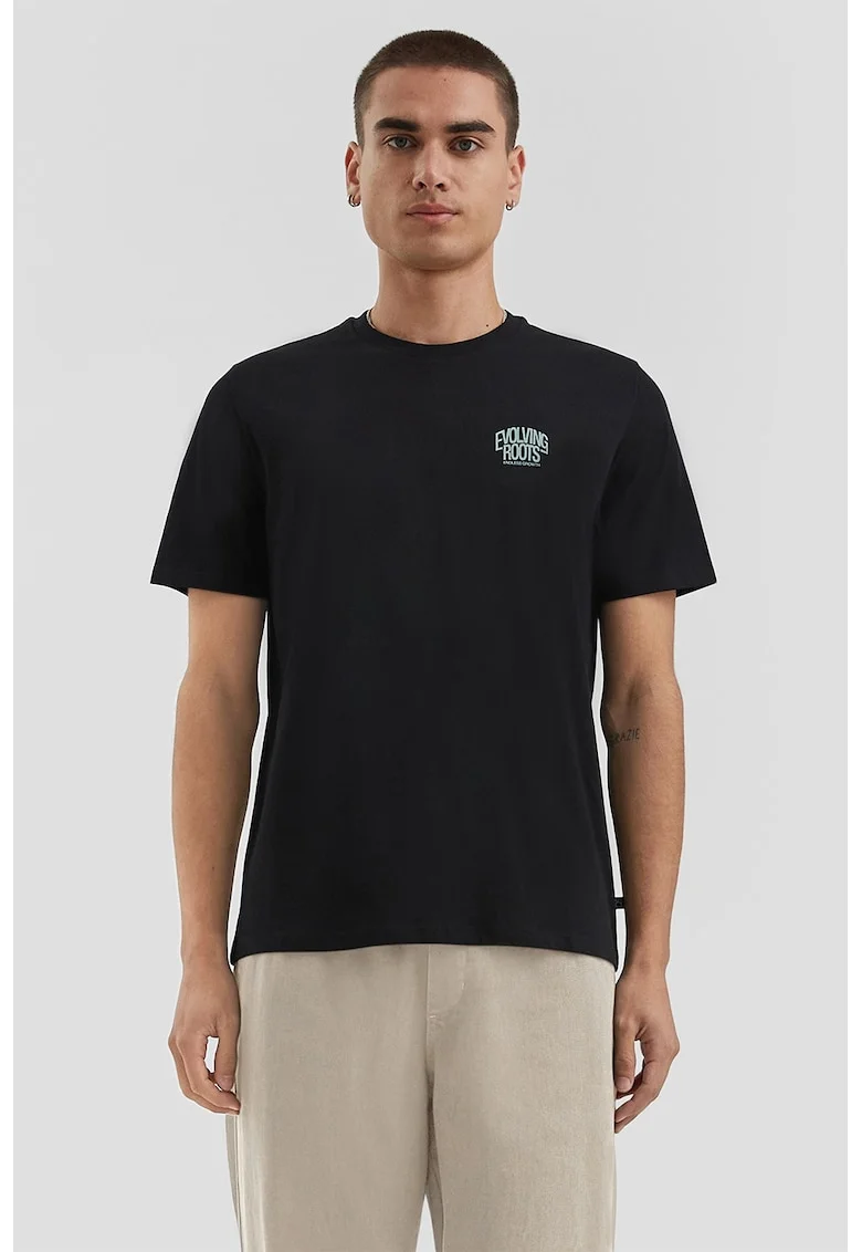 Tricou de bumbac cu decolteu la baza gatului, Negru