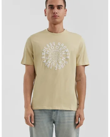 Tricou cu imprimeu text si decolteu la baza gatului, Bej deschis
