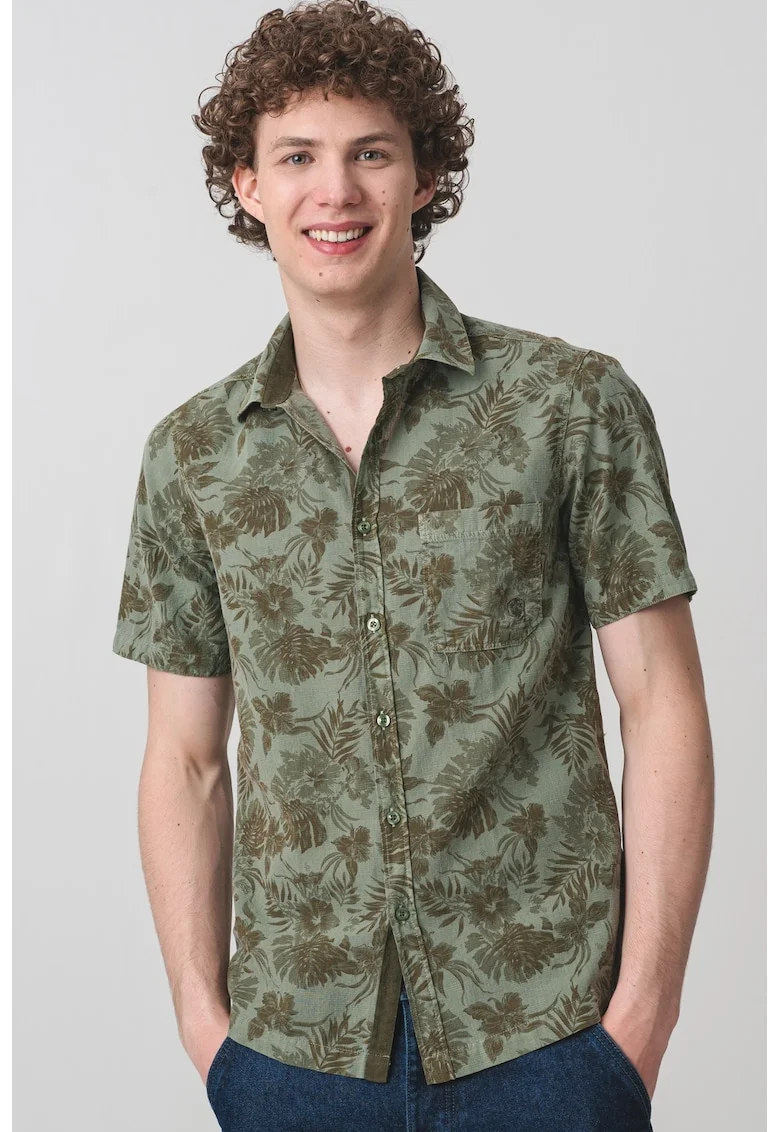Camasa cu maneci scurte si imprimeu tropical, Verde deschis