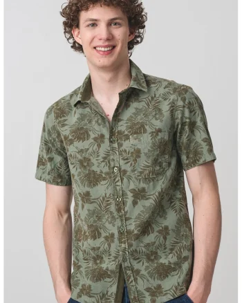 Camasa cu maneci scurte si imprimeu tropical, Verde deschis