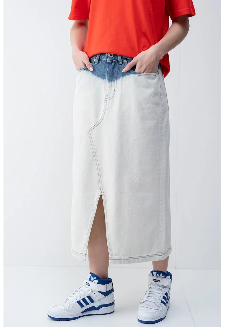 Fusta midi de denim cu slit frontal, Albastru/Crem